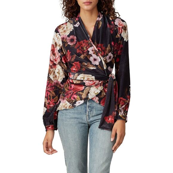 PatBo Floral Printed Velvet Wrap Top Size Small - Picture 2 of 6
